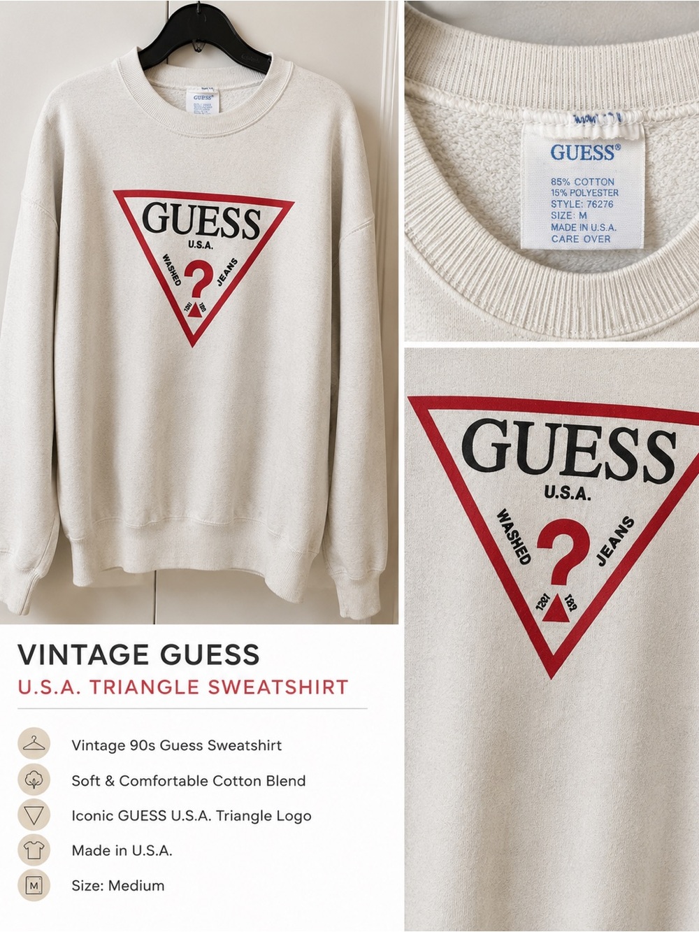 Vintage GUESS White Logo Sweatshirt 90s Y2K Retro Crewneck Pullover XL